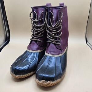 Lands End Women's 10 B Waterproof Leather Rubber Tall Duck Boots Maroon Red